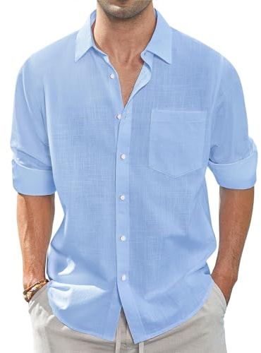 J.VER Men's Linen Cotton Shirts Long Sleeve Regular Fit Casual Fashion Solid Lightweight Summer Beach Shirt with Pocket Blue M