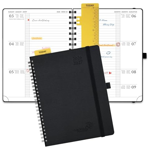 POPRUN Agenda 2026 2027 Dagsplanerare 22x16,5 cm, från Aug'26 - Dec'27, 17 Månader Skolkalender, Hårt Omslag med Spiralbindning, Papper 80 gsm,Svart | 17-månaders mötesplanerare, (aug.2026-dec2027), horisontell med softcover, veckoplanerare 1 vecka 2 sida (svart)