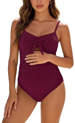 SHEKINI Maternity One Piece Swimwear Pregnancy Crinkled Front Tie Bathing Suits with Adjustable Shoulder Straps Textured Cutout Ruched Swimsuit Burgundy