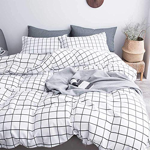 AShanlan Juego de ropa de cama de 135 x 200 cm, 4 piezas, diseño a cuadros, color blanco, juego de 2 y 2 fundas de almohada de 80 x 80 cm, microfibra, con cremallera