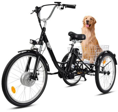 SMARTRAVEL Tricycle Électrique Adulte,Triciclo Électrique 250W pour Adultes et Seniors, Vélo Électrique 36V 15 avec Autonomie 50km, 7 Vitesses, Pneus 24 Pouces, Panier Arrière, Charge Max 180kg