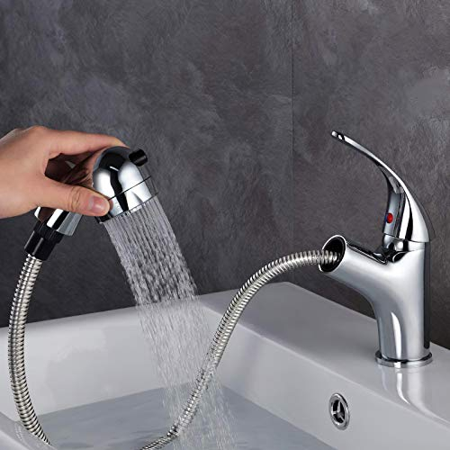 GAVAER Robinet Salle de Bain avec Douchette Extractible et Deux Modes D’écoulement D'eau, pour Salle Bain Lavabo ou Lavabo, Chaude et Froide Réglable Mitigeur Lavabo,Chromé