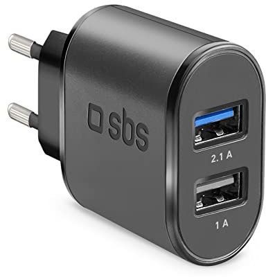 SBS Caricabatterie da Muro con Presa EU a Ricarica Rapida da 3100 mAh con Due uscite USB da 1 A e 2.1 A, Fino al 50% di Carica dello Smartphone in 30 min, Nero