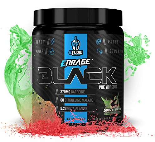 eFlow Nutrition Enrage Black High Stimulant Pre Workout Supplement - Preworkout Powder to Boost Energy, Pumps and Strength - 4 Flavors (30 Servings) (Sour Watermelon)