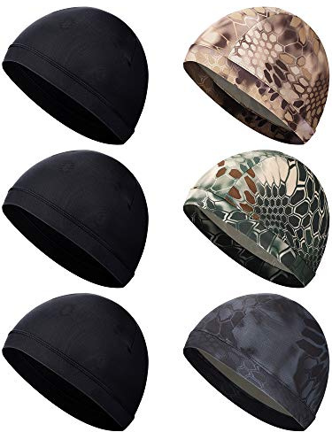 SATINIOR 6 Pcs Cooling Skull Cap Helmet Liner Sweat Wicking Cap Hard Hat Liner for Men Women Sports Cycling Running Black, Camouflage