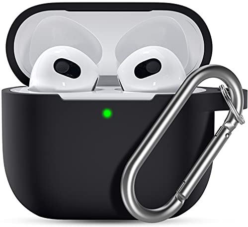 Ouwegaga Cover per Airpods 3, Silicone Custodia per Airpods Terza Generazione 2021, Protezione Completa del Corpo Cover Compatìbile con Apple Airpods 3 Case, con Moschettone, Nero