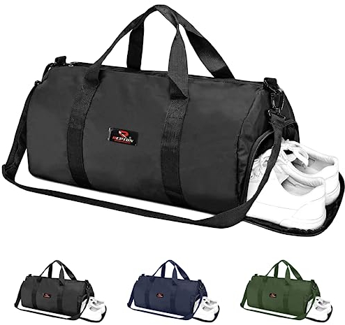 Gym Duffle Bag with Shoe Compartment Foldable Men Women Travel Fitness Holdall Barrel Sports Bags - Shoulder Strap Swimming Football Basketball Tennis Luggage Weekender Light Weight Dry Bags (Black)