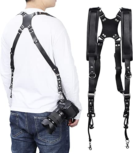 KEESIN Kameragurt-Zubehör für zwei Kameras, verstellbarer Kameragurt aus Leder, Doppelschulter-Ledergurt, Kamerazubehör für DSLR/SLR（Schwarz）