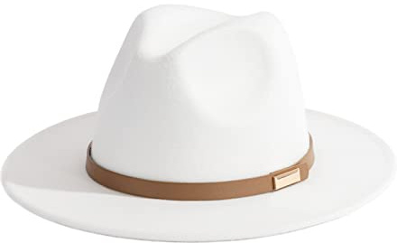 Gossifan Fedora Hats for Men Wide Brim Panama Hat with Classic Belt-D Belt White