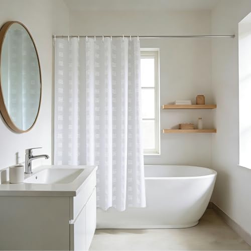 YISURE Duschvorhang Kurz schmal für das Badezimmer, Weiß Geometrisches Polyester Kürzere Länge Duschvorhang mit Metalltüllen Schimmelresistente waschbar, Breite 150 x Höhe 150cm