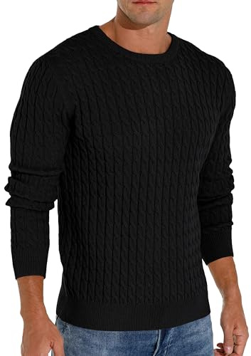 Hisir Suéter de invierno para hombre, de punto trenzado, informal, cuello redondo, cálido, de manga larga, suéter para hombre, 01 Negro, S