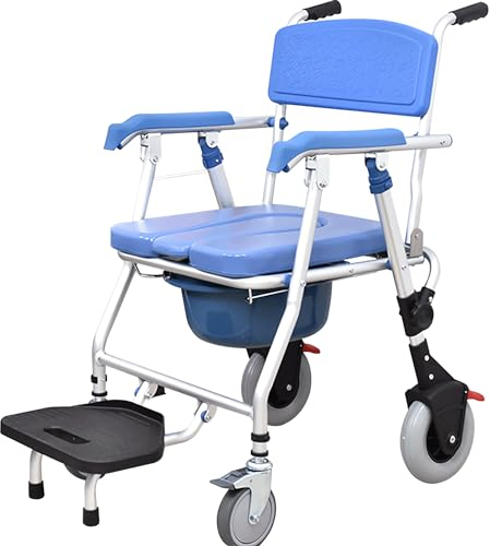 Duschhocker für Senioren mit Rollen, Duschstuhl Klappbar Toilettenstuhl mit Rollen und U-förmige Sitzplatte, 4 Räder mit Bremsen, Belastung 150 kg