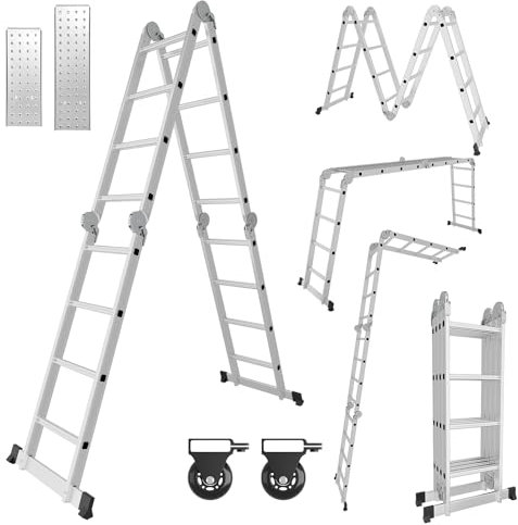 Yakimz Échelle multifonctionnelle 4 x 4 échelons, multifonction, avec plate-forme et roulettes, en aluminium, 4,70 m, échelle pliante 7 en 1, 16 échelons