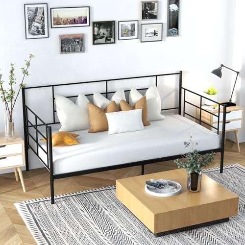 Multigot 3FT Single Day Bed Frame, Metal Guest Sofa Bed with 28cm Underbed Storage Space, Slat Support Daybed Black Mattress Platform Base Fits for 90 x 190cm Mattress for Living Room Bedroom