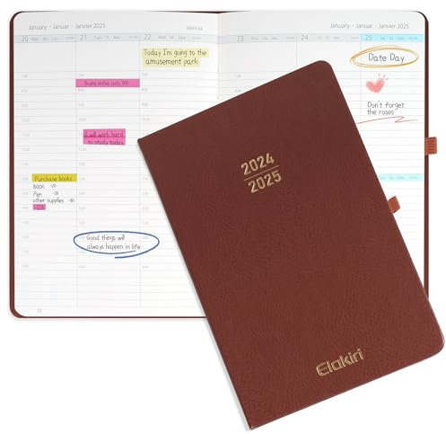 Kalender 2025 Buchkalender A5 1 Woche 2 Seiten,Terminplaner 2025 (Oct.2024-Dez.2025) mit 100 g/m² Papier,Planer 2024/2025 mit PU-Leder Hardcover Für Schulplaner,Terminkalender (TJ-Braun)