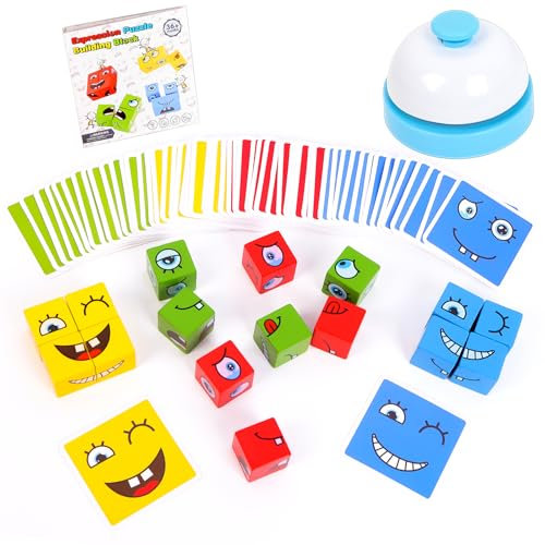 Outtshop Face Changing Magic Cube Game, Wooden 3d Puzzle Face-Changing Magic Cube with Bell, Expression Puzzle Building Blocks Pattern Matching Game for Kids and Adults