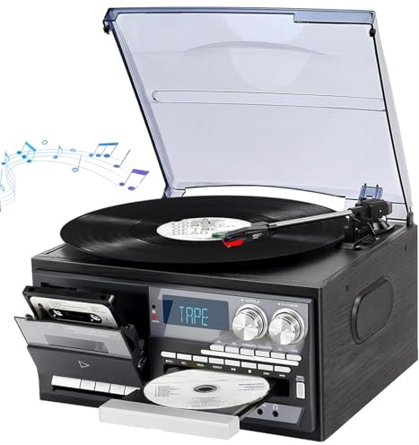 Vinylskivspelare, kassettbandspelare med 3-hastighets Bluetooth vintage skivspelare, mindre brus, frostat dammskydd, inbyggda högtalare, FM-radio, USB, CD-spelare Boombox, Music Center