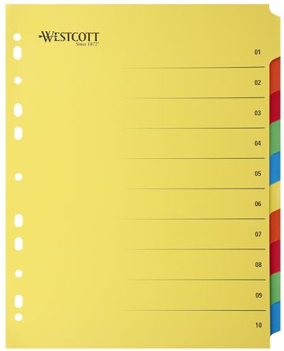Westcott Register für Ordner A4 mit Klarsichthüllen | Extrabreite Trennblätter für Prospekthüllen in Din A4 Ordner | 10 farbige Tabs in 5 Farben | Robuste 230g/m² mit Eurolochung | E-1733313 00