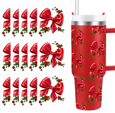 Foaryoer Red Bow UV DTF Transfer Stickers, 15 Sheets, Red Bow Rose Sticker for 40 OZ Stanley Cups, Glass, Ceramic, Plastic, Metal, Wood, Smooth Surfaces, PVC, Modern, Floral, Oval, 15 Count, Outdoor