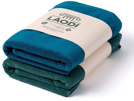 LAODI Premium Duschtuch 2er Set – 70x140 – 2-Farben-Set – Ozean tiefblau + Antikes Grün – 100 % Baumwolle – 570 g/m² – Hergestellt in Portugal