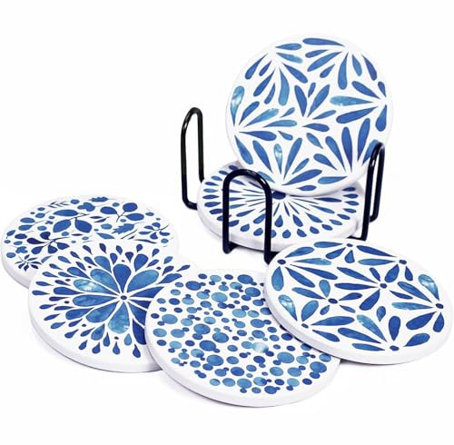 Dessous de Verre, sous Verre Absorbants en Liège et Céramique avec Support en Métal de 6pcs pour Tasses, Bougies Cadeau de Pendaison de Crémaillère pour Anniversaire Cuisine Salon