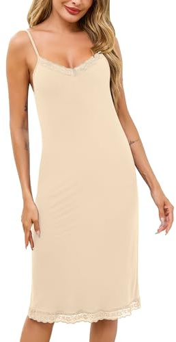 Vlazom Enaguas Enteras para Mujer con Encaje y Tirantes Ajustables - Diseño Elástico y Elegante para Subvestido o Estilo Íntimo(S,Nude)
