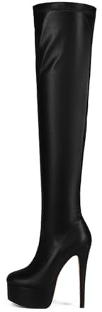 Feinlina Noir Femmes au-dessus du genou Talon Stiletto Plateforme Bottes de nuit Sexy Mode Cuir Cuisse Bottes hautes
