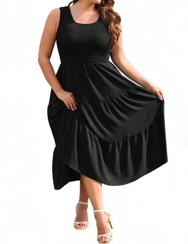 heekpek Abito Donna Estivo Taglie Forti Vestito Lungo Estivo Donna Elegante Scollo a U Vestiti Curvy con Tasche, Nero, 3XL