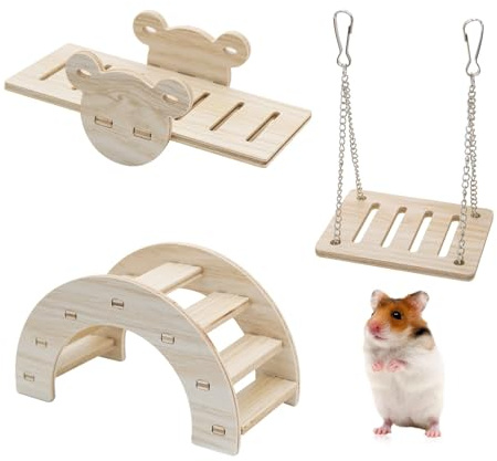 Nzoike Giocattoli per Criceti in Legno, Set 3 Pezzi con Altalena, Ponte e Rifugio, Accessori Fai da Te per Gabbia Roditori e Hamster