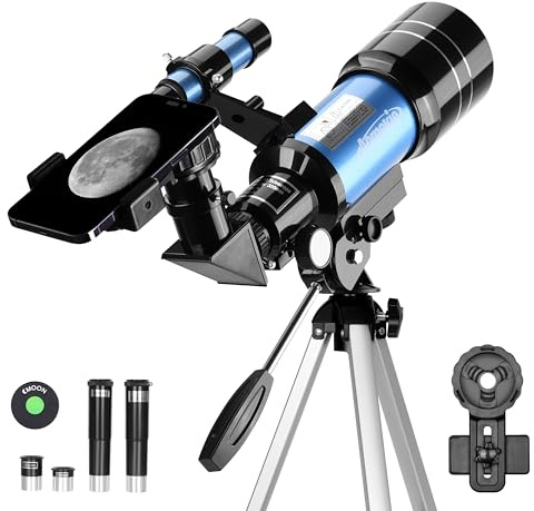 AOMEKIE 70/300 Portable Telescopes with Tabletop Tripod 2 Eyepieces for Kids and Astronomy Beginners with Finderscope and Smartphone Adapter Moon Filter 3X Barlow,Space,Gifts (150, x)