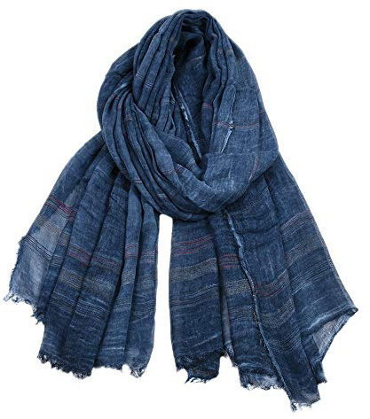 Kangqifen Unisex Soft Striped Scarf with Tassels Cotton Linen Solid Color Scarves 75 x 35 inch Navy Blue
