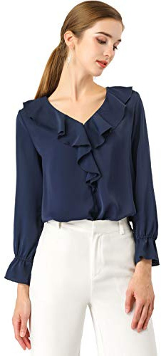 Allegra K Women's Ruffle V Neck Chiffon Blouse Bracelet Sleeve Vintage Peasant Top Dark Blue M-12