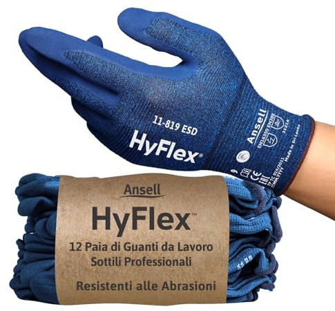 Ansell HyFlex 11-819 Ultrathin Work Gloves, Abrasion Resistant Nitrile Coating, Electrostatic Discharge Protection, Antistatic, Touchscreen, Industrial Safety, Blue, Size 2XL (12 Pairs)