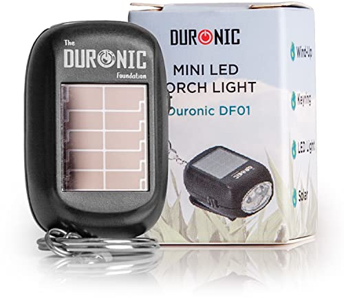 Duronic Keyring LED Torch DF01, Pocket Flashlight, 2-Way Charging - Wind Up and Solar Panel, Eco, Crank Handle Rechargeable, 8 Lumens, Dynamo Keychain Light, No Batteries Needed