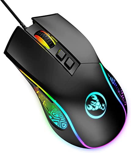 HXSJ X100 Ratón para Juegos con Cable,Ratones Ergonómicos para Juegos con Retroiluminación LED de 7 Colores,Ratón de Computadora con Sensor óptico Ajustable de 3600 dpi,para PC,Mac,Juego-Negro