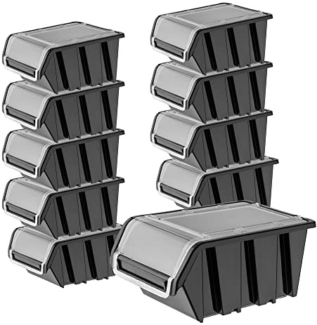 KADAX Lot de 10 boîtes de rangement empilables avec couvercle, en plastique PP, dans différentes tailles et couleurs, avec rabat pour mur d'outils (noir, 195 x 120 mm) K6539