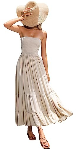 R.Vivimos Robe De Plage Boho Bretelle d’été Femme Haute Taille Volants A Ligne Maxi Robe Bandeau(L,Khaki#2)