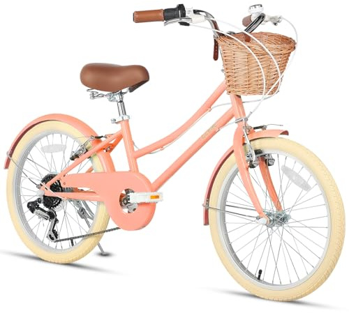 Glerc Missy Bicicleta Híbrida para Niñas de 20 Pulgadas, Bicicleta Urbana para Adolescentes de 6 Velocidades, para Jóvenes de 6, 7, 8, 9, 10, 11 y 12 años, con Cesta de Mimbre, Color Melocotón.