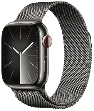 Apple Watch Series 9 (41 mm GPS + Cellular) Smartwatch avec boîtier en Acier Inoxydable et Bracelet Milanais Graphite. Suivi de l’activité Physique, apps Oxygène sanguin et ECG, résistance à l’Eau