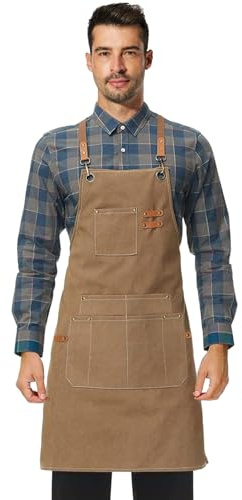 Canvas Work Apron, Cross Back Aprons for Men, Women, Cooking, Carpenter, Woodworking, Chef, BBQ, Grilling, Bartender, Hair Stylist (Brown)