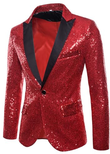 SANSIWU Men Sequin Shiny Prom Blazer Jacket Long Sleeve Lapel Disco Metallic Suit Tuxedo Party Prom Suit Jacket Fashion Glitter Tuxedo for Wedding Banquet (Red2, S)