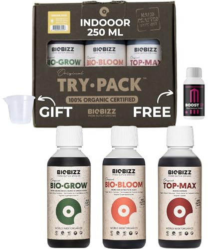 GROWMANIA Trypack intérieur Biobizz + Boost Up Nutrients + Verre doseur | Engrais bio Grow, Bloom et Top Max pour plantes et cultures | Stimulation de la croissance