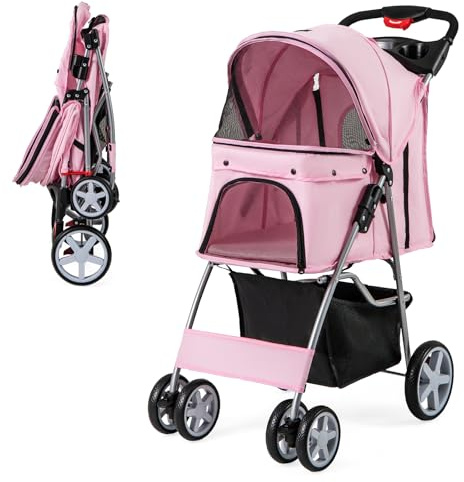 GOPLUS Coche Plegable para Perros y Gatos con Cesta de Almacenaje y Toldo Ajustable, Robusto Carro para Mascotas en MDF, Hierro y Cómodo Oxford, 81 x 44.5 x 100.5 CM (Rosa)