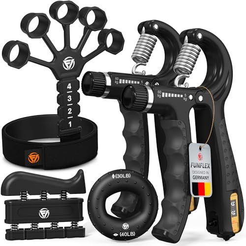 FUNFLEX Handtrainer Fingertrainer, Verstellbares Griffkraft Trainer Set -5-Teilig- Unterarmtrainer, Fingerstrecker Neopren Handgelenk Band - Finger Grifftrainer - Grip Ring, Hand & Unterarm Training