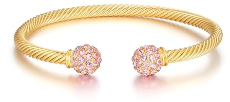 THE BLING KING 4mm Gold Pink Crystal Ball Torque Bangle – 17g, Adjustable 8-Inch – PVD Gold Plated