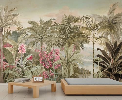 Vintage Forest Murals, Tropical Botanical Garden Wall Mural Wallpaper, Tree Flowers Wallpaper for Bedroom Living Room Decor 200x140cm Retro Rural Pastoral Artwork Background (Not Self-Adhesive)