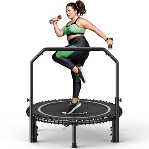 BCAN Rebounder Trampoline for Adult, 40 Fitness Trampoline with Bungees, U Shape Adjustable Foam Handle, Stable & Quiet, Indoor Outdoor Workout-Silver