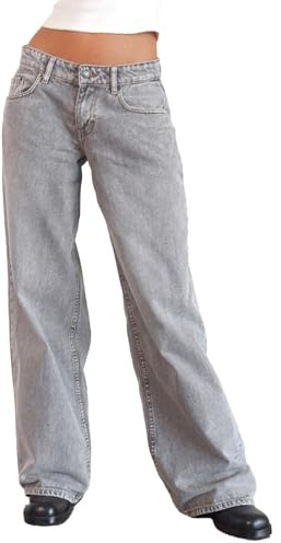 Vaqueros Mujer Otoño Holgados Tiro Bajo Pierna Recta Ancha Pantalón Largo Denim Lavado Y2K con Bolsillos y Botón