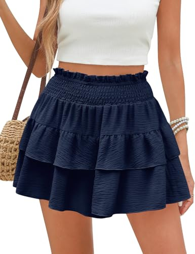 PASUDA Pantaloncini Donna Estivi Elastica a Vita Alta Eleganti Casual Lavoro Pantaloni Corti con A-Line Volant Gonna Skater Spiaggia (Blu Navy, L)