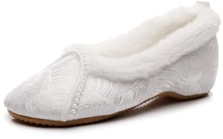 Azttoztto Women‘s Embroidered Loafers - Winter Lined Slip-On Flats with Faux Fur, Elegant Round Toe Brocade Slippers (White,6)